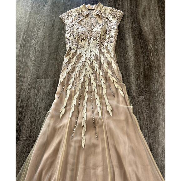 NWT Sue Wong Nocturne Nude Embroidered Sequin Gown Maxi Formal Dress Mandarin - Picture 6 of 16